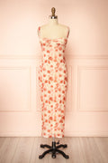 Sarina | Pink Fitted Bustier Mesh Midi Dress with Floral Motif