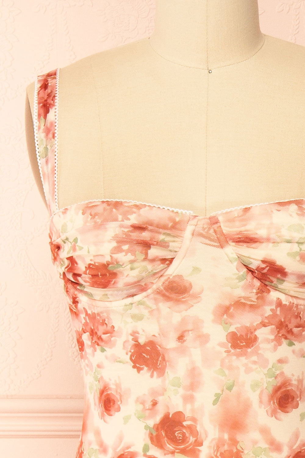 Sarina | Pink Fitted Bustier Mesh Midi Dress with Floral Motif