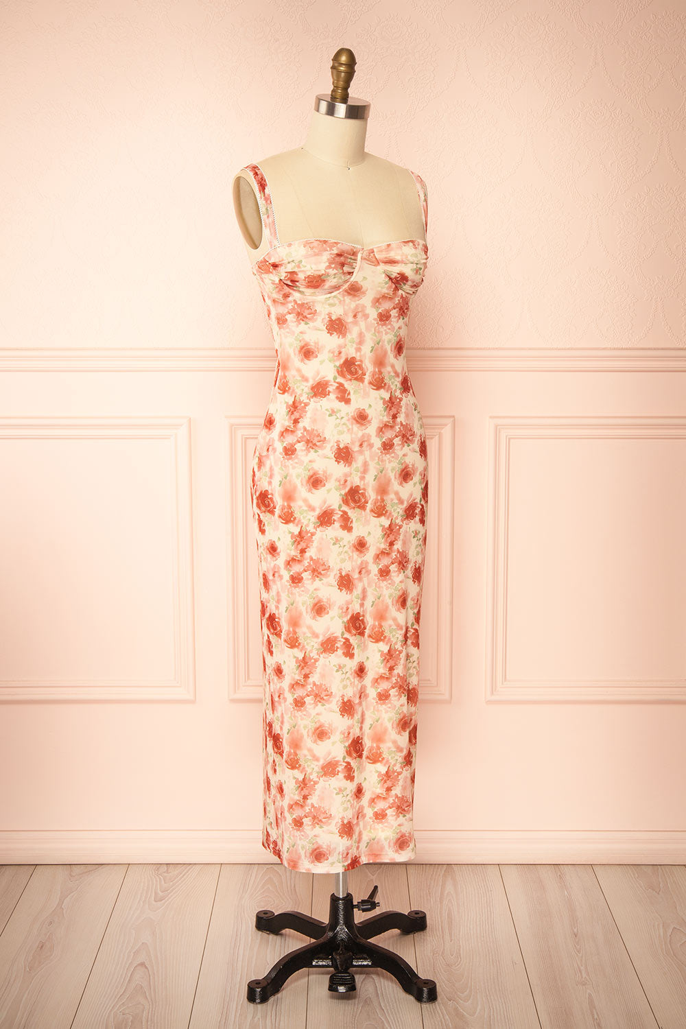Sarina | Pink Fitted Bustier Mesh Midi Dress with Floral Motif