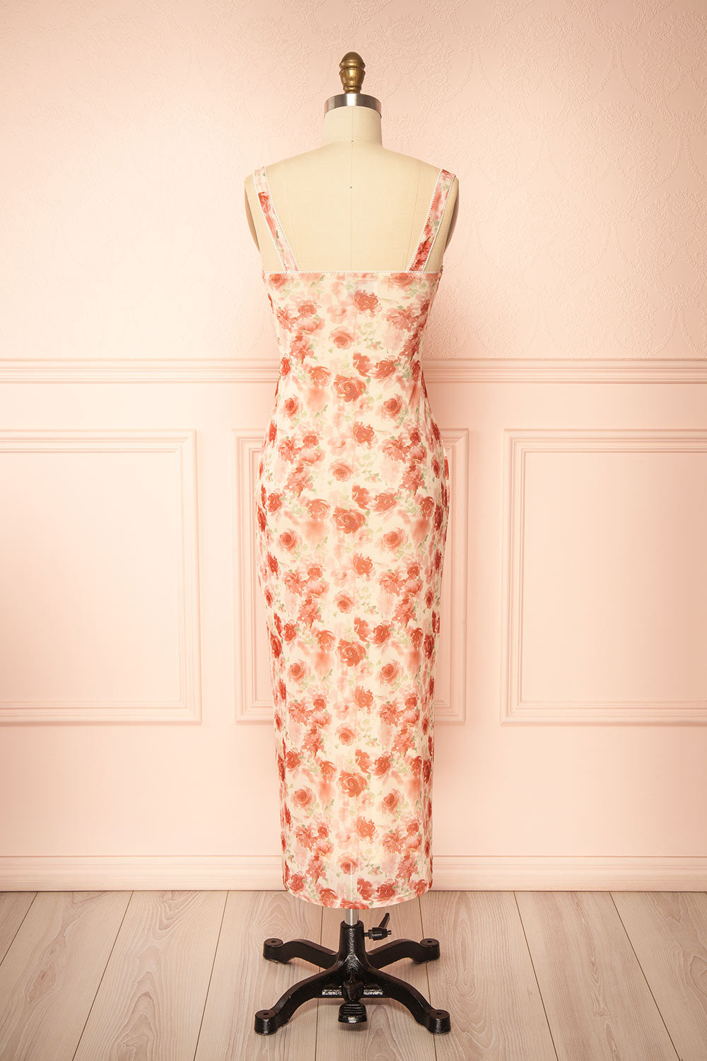 Sarina | Pink Fitted Bustier Mesh Midi Dress with Floral Motif