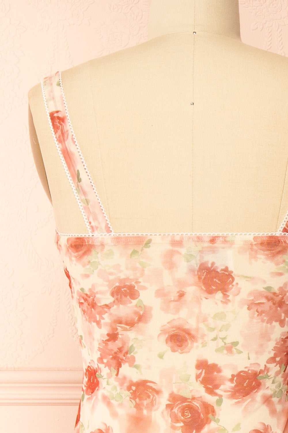 Sarina | Pink Fitted Bustier Mesh Midi Dress with Floral Motif