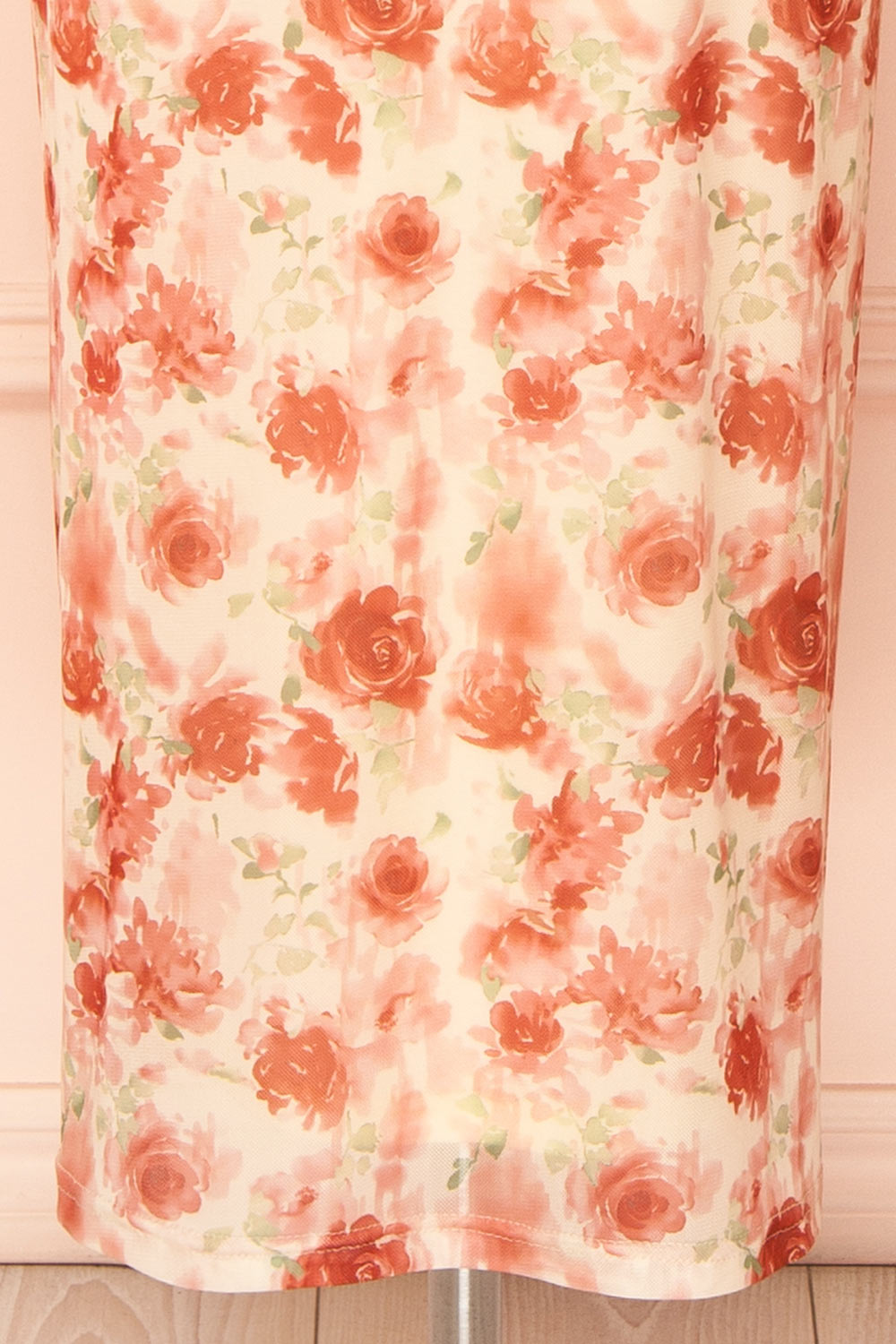 Sarina | Pink Fitted Bustier Mesh Midi Dress with Floral Motif