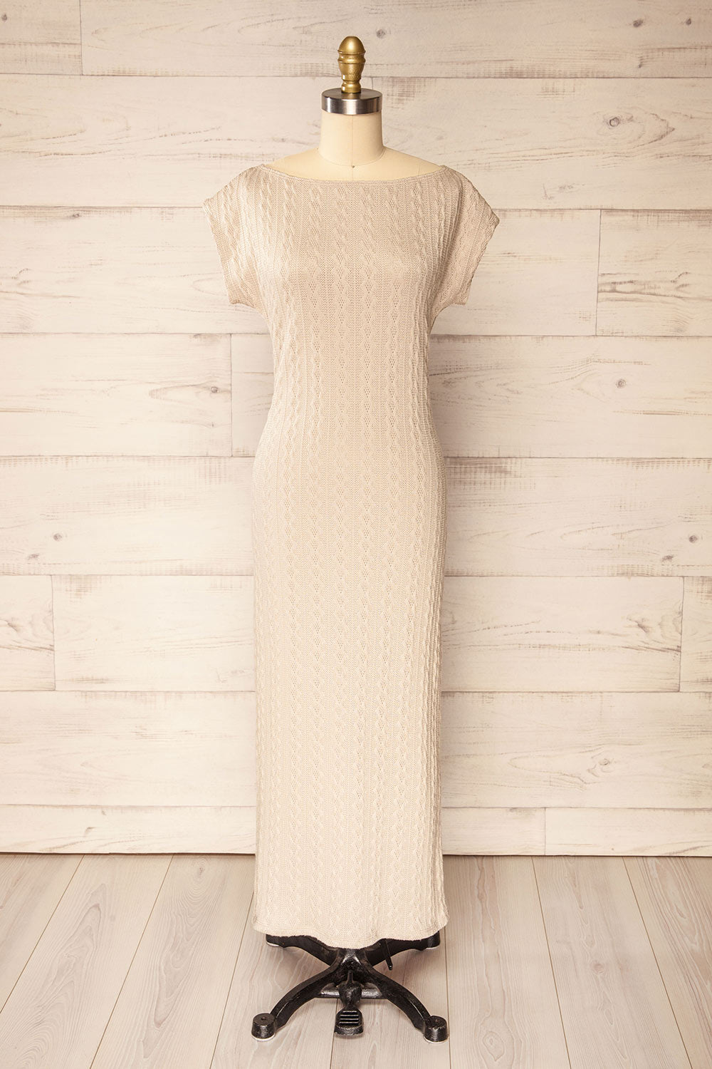 Selana Beige | Knit Maxi Dress with Back Slit by Arti Gogna