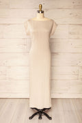 Selana Beige | Knit Maxi Dress with Back Slit by Arti Gogna
