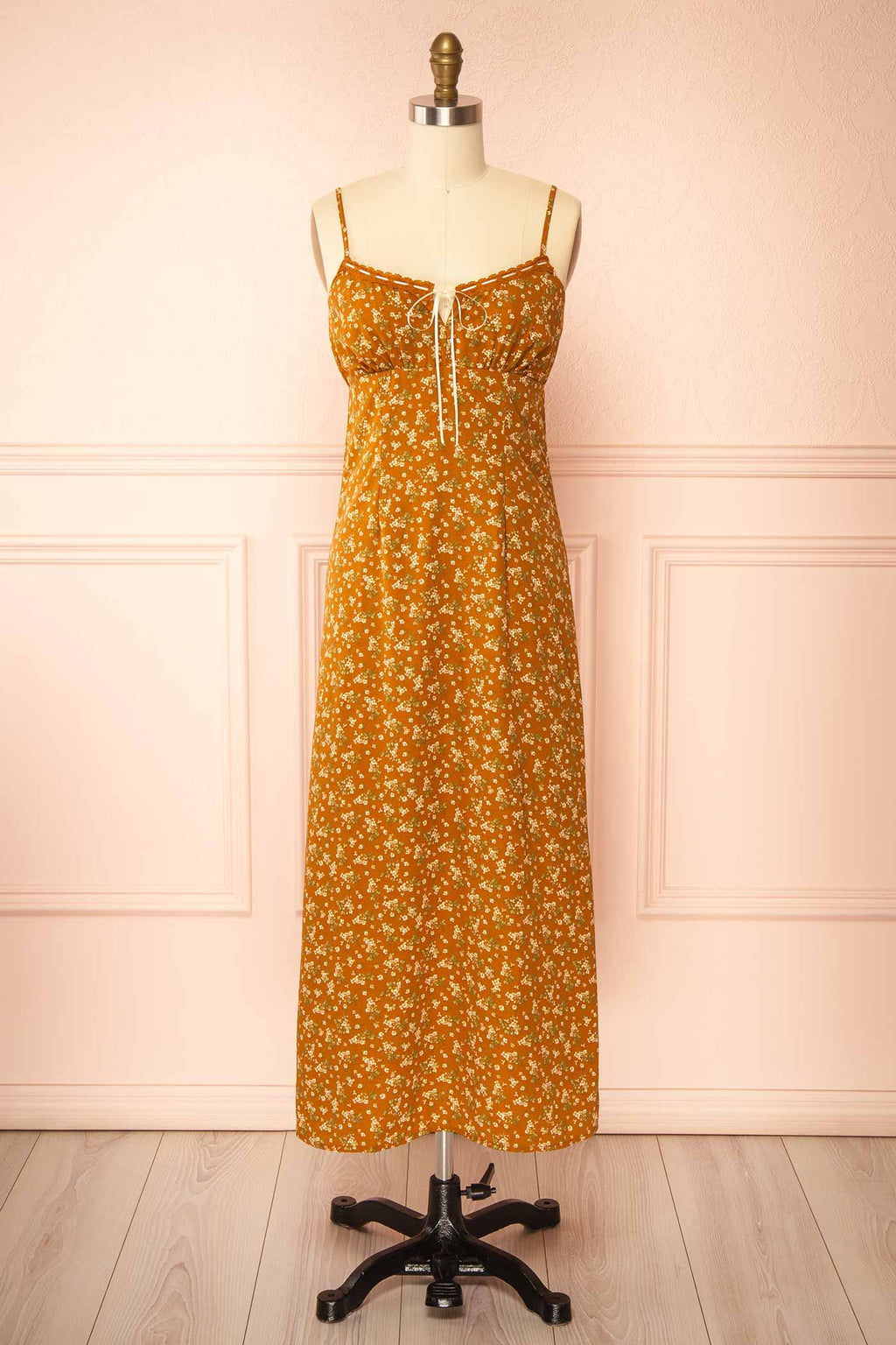 Selar | Brown Floral Midi Dress with Lace Trim and Tie Front