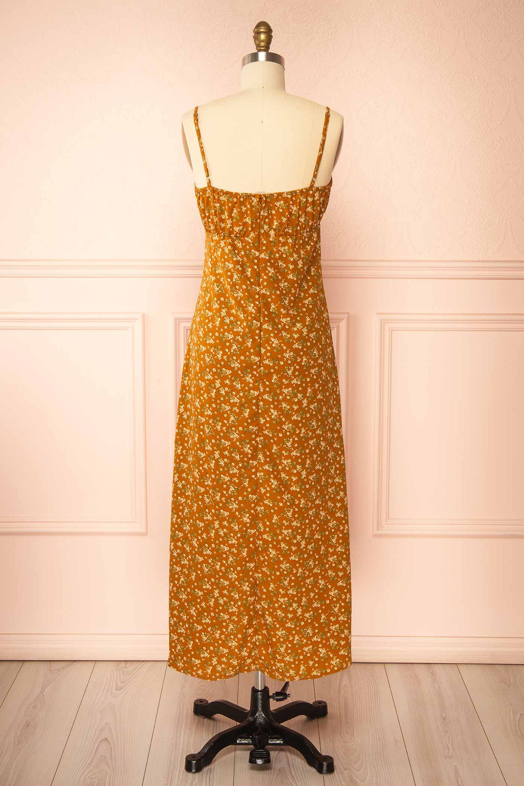 Selar | Brown Floral Midi Dress with Lace Trim and Tie Front