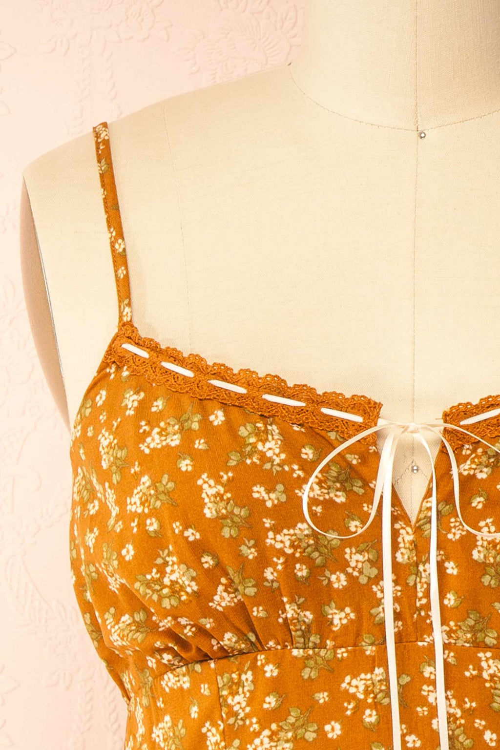 Selar | Brown Floral Midi Dress with Lace Trim and Tie Front