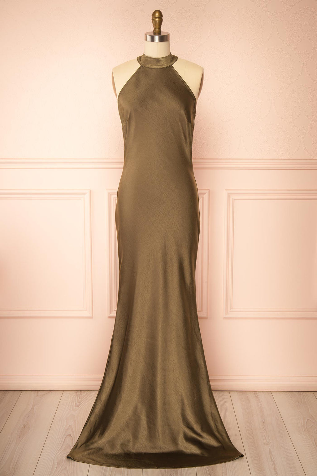 Selia Khaki | Maxi Satin Dress with Open Back