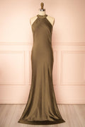 Selia Khaki | Maxi Satin Dress with Open Back