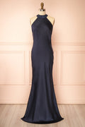 Selia Navy | Maxi Satin Dress with Open Back
