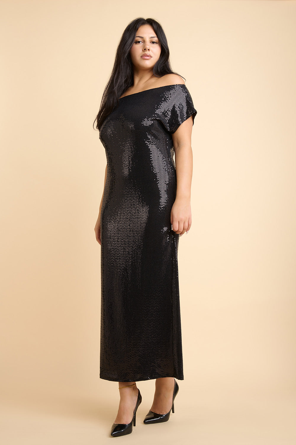 Seralie | Black Sequin Maxi Dress with Slit by Arti Gogna