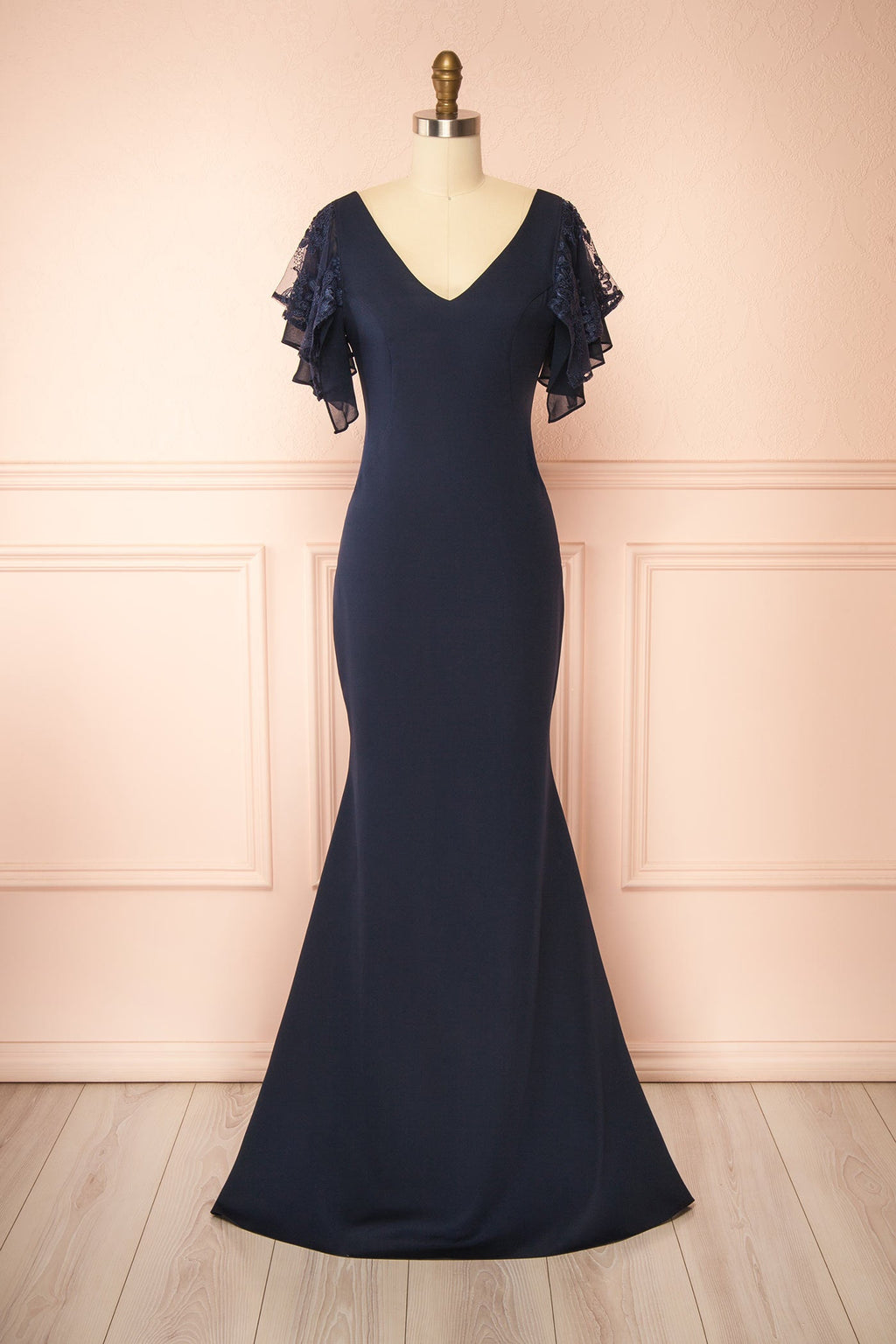 Seraphina Navy | Mermaid Maxi Dress with Lace Flutter Sleeves by Arti Gogna