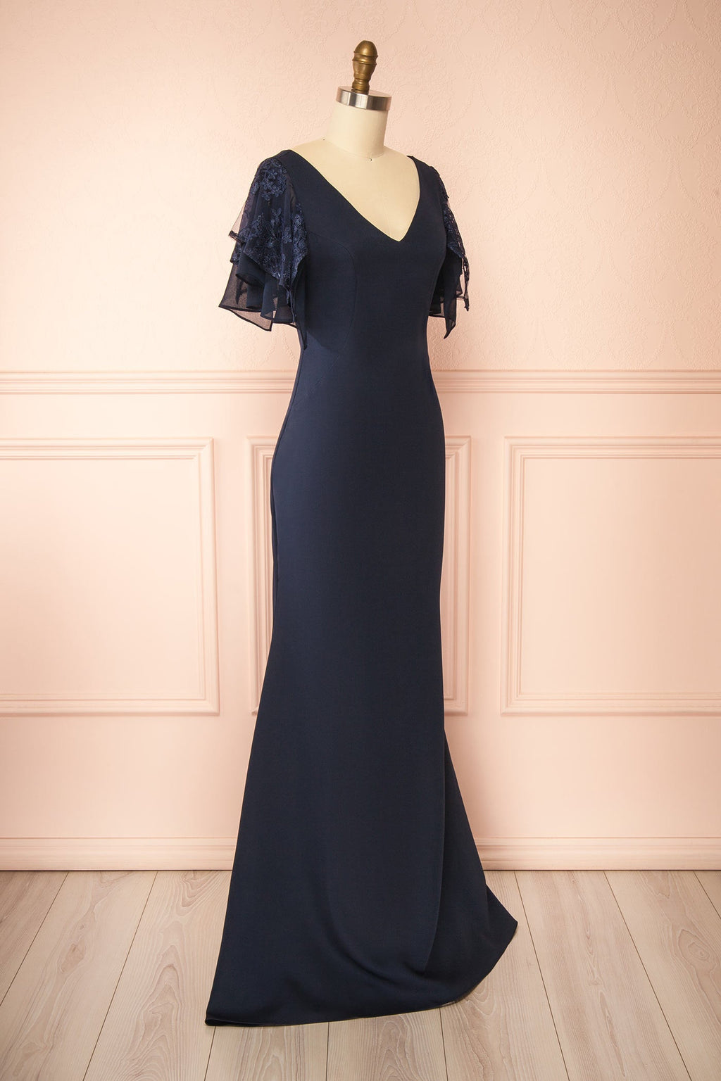 Seraphina Navy | Mermaid Maxi Dress with Lace Flutter Sleeves by Arti Gogna