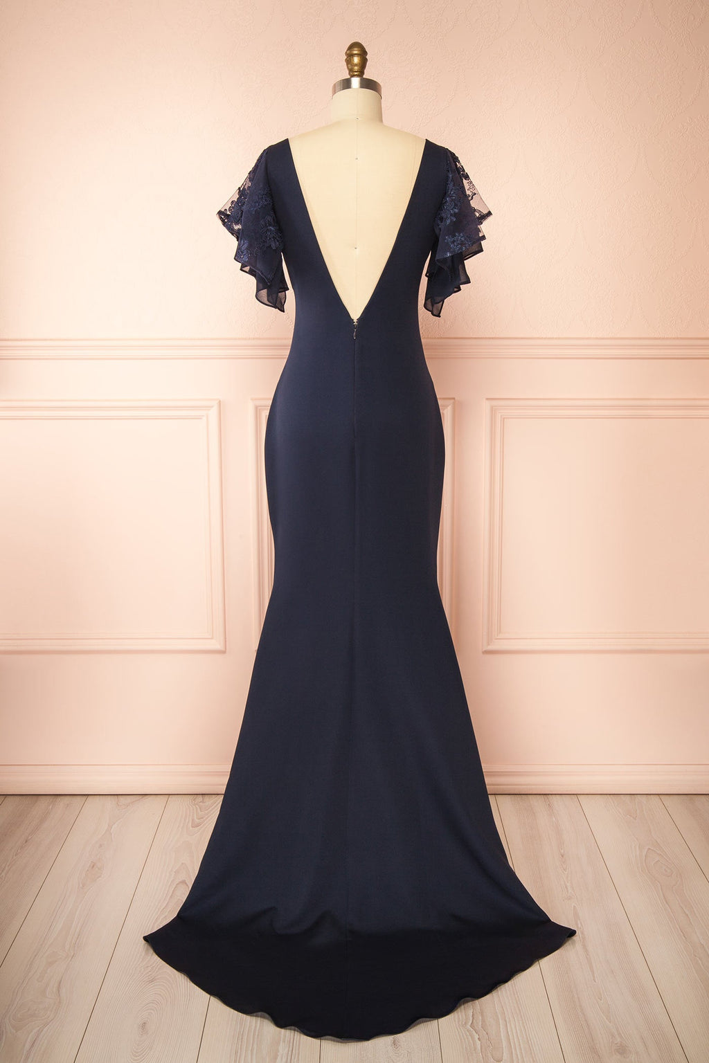 Seraphina Navy | Mermaid Maxi Dress with Lace Flutter Sleeves by Arti Gogna