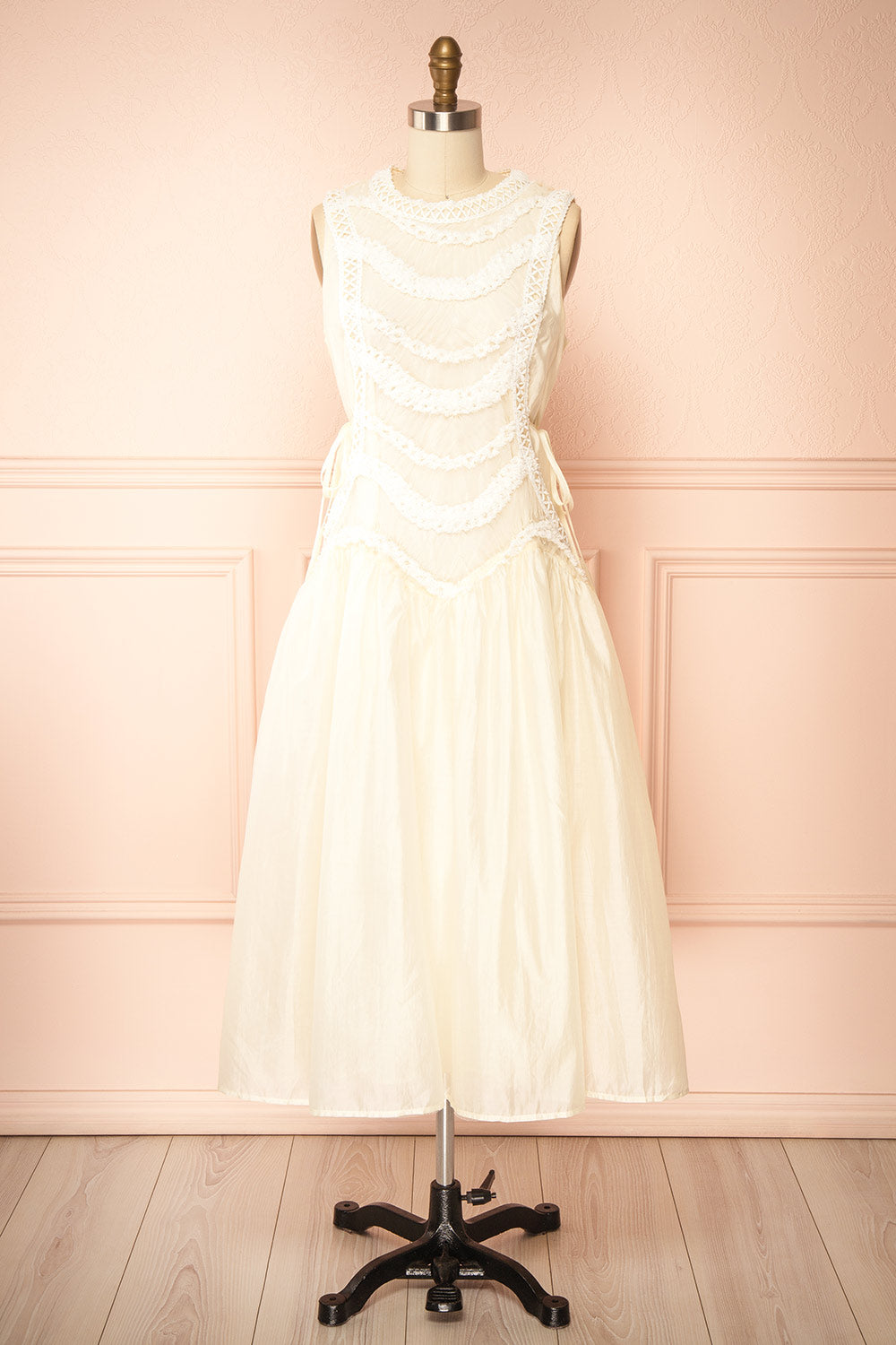 Shania | Ivory Sleeveless Midi Dress with Textured Details