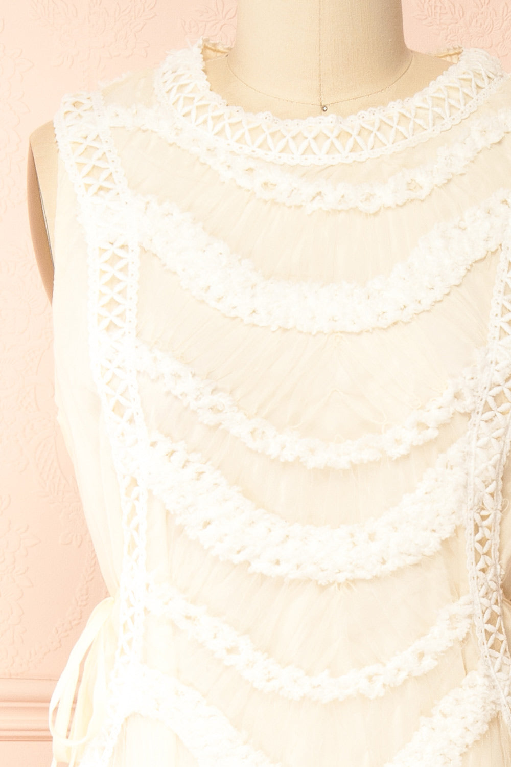 Shania | Ivory Sleeveless Midi Dress with Textured Details