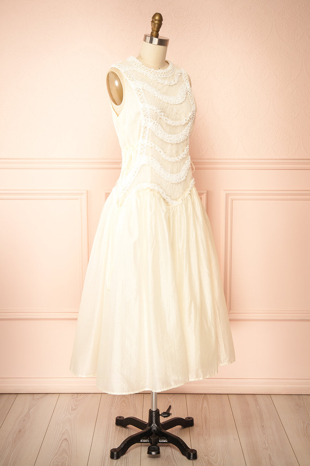 Shania | Ivory Sleeveless Midi Dress with Textured Details