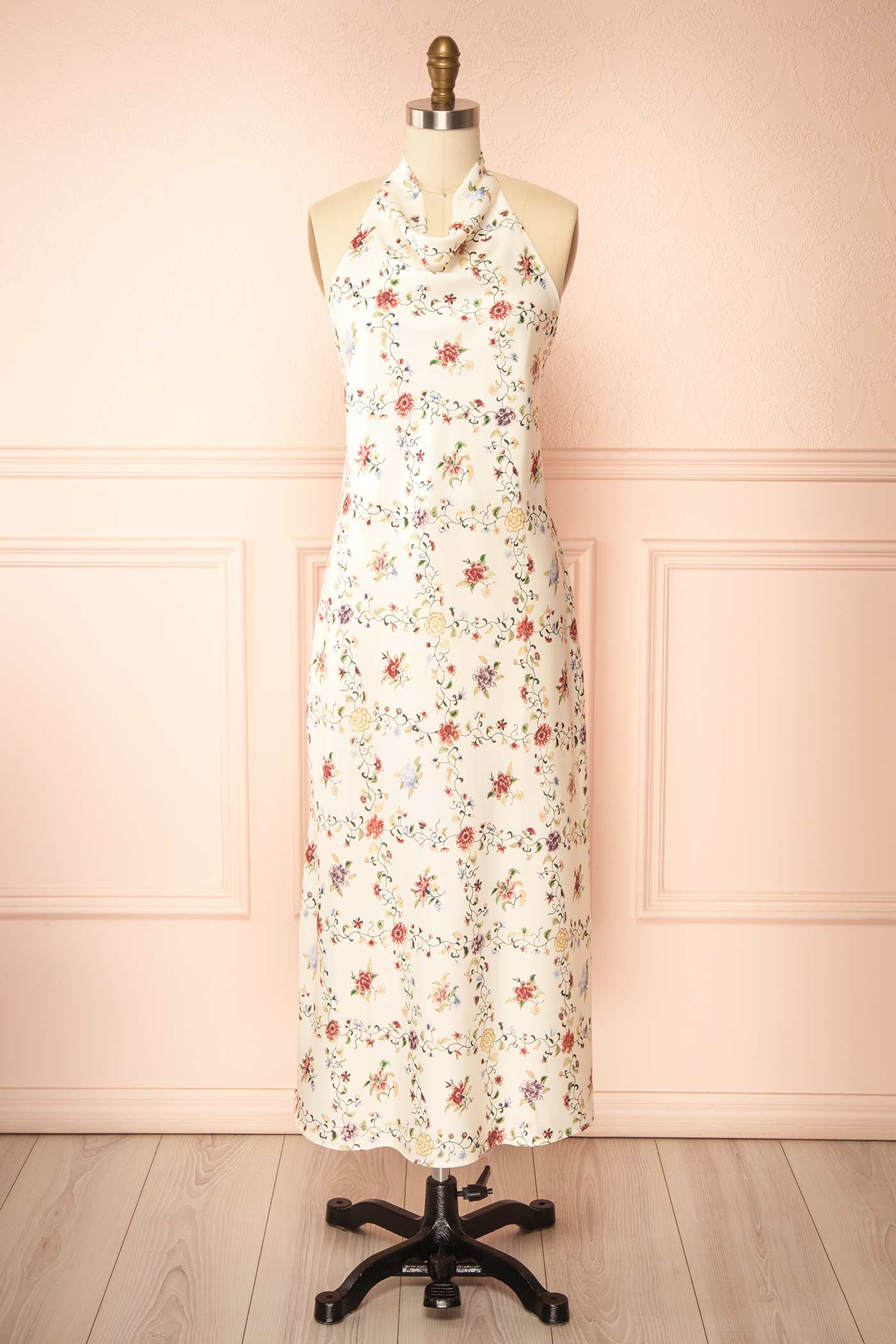 Shima | Ivory Midi Floral Dress with Halter Neck