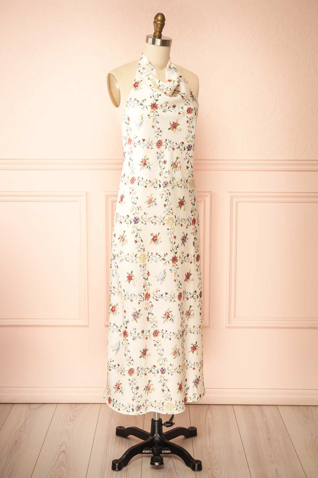 Shima | Ivory Midi Floral Dress with Halter Neck