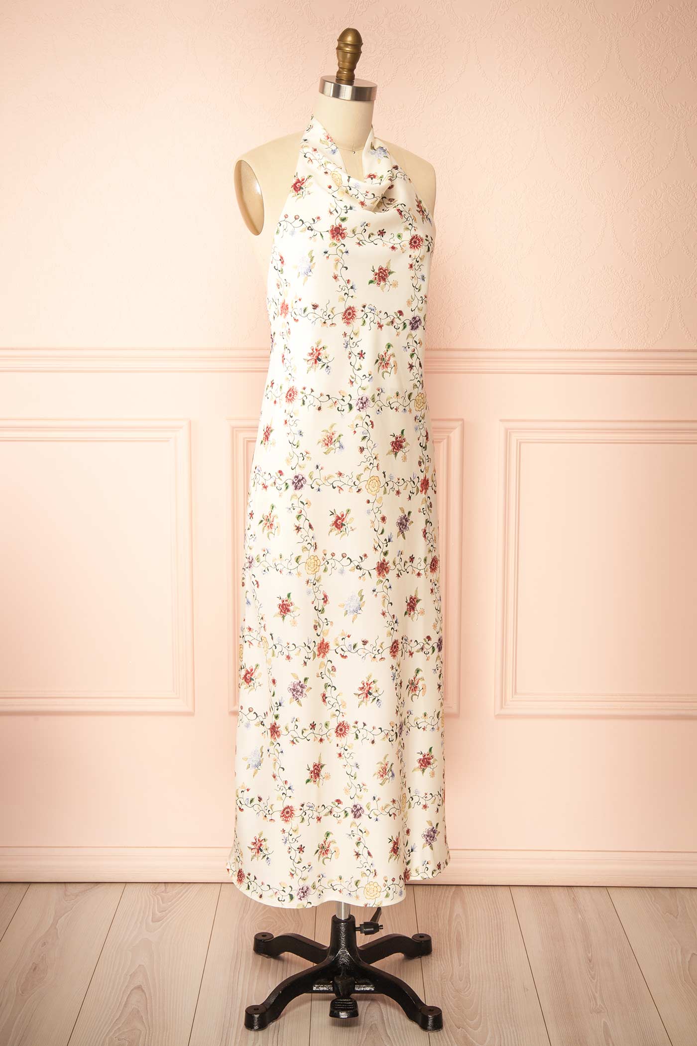 Shima | Ivory Midi Floral Dress with Halter Neck