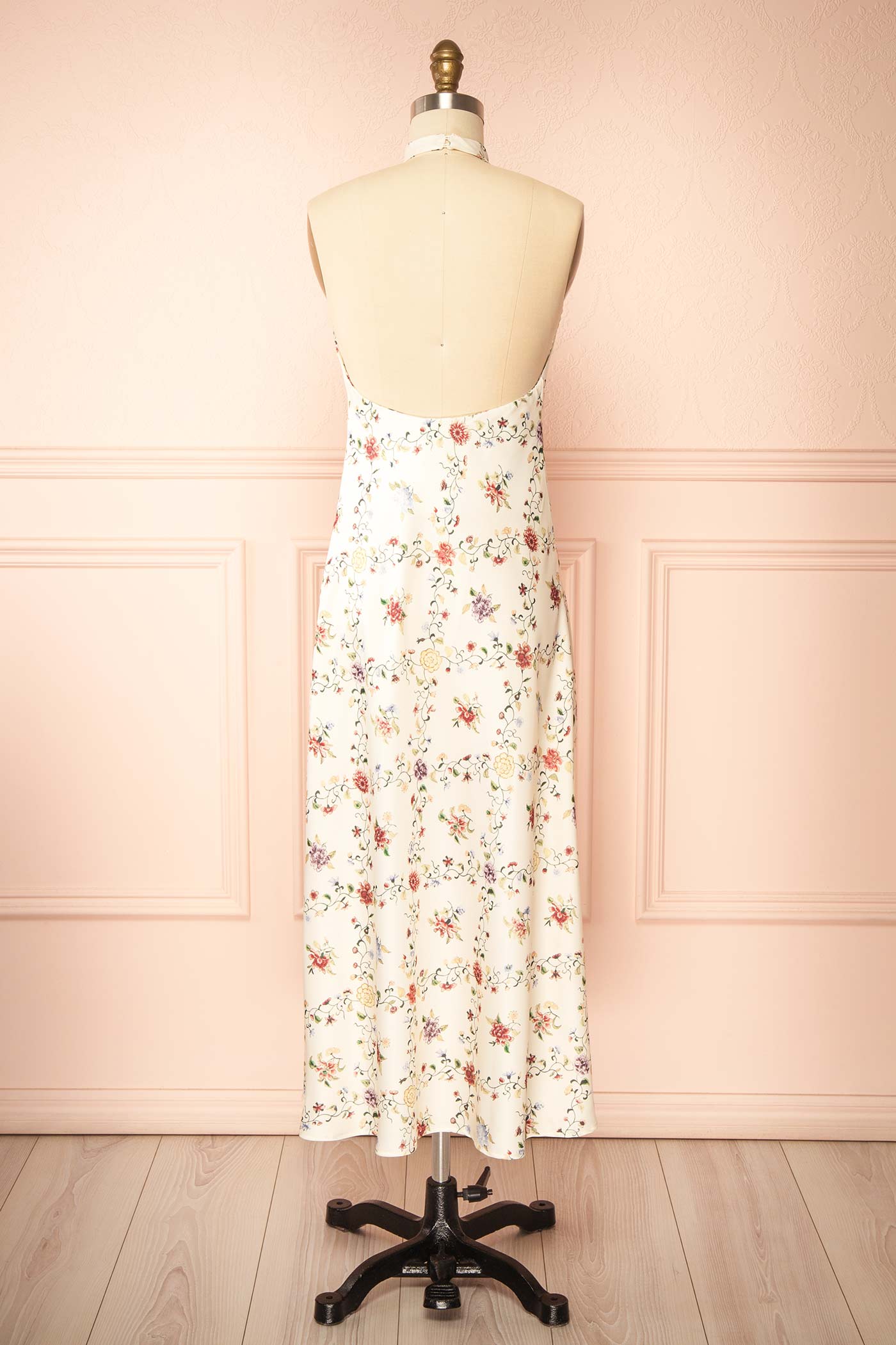 Shima | Ivory Midi Floral Dress with Halter Neck