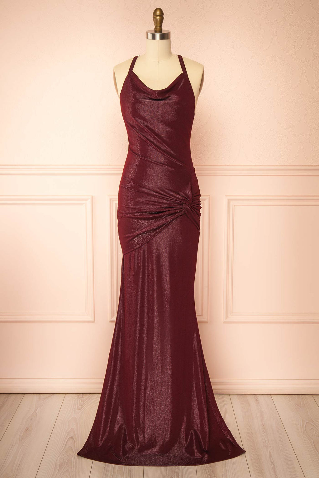 Siham Burgundy | Shimmering Maxi Dress with Open Back