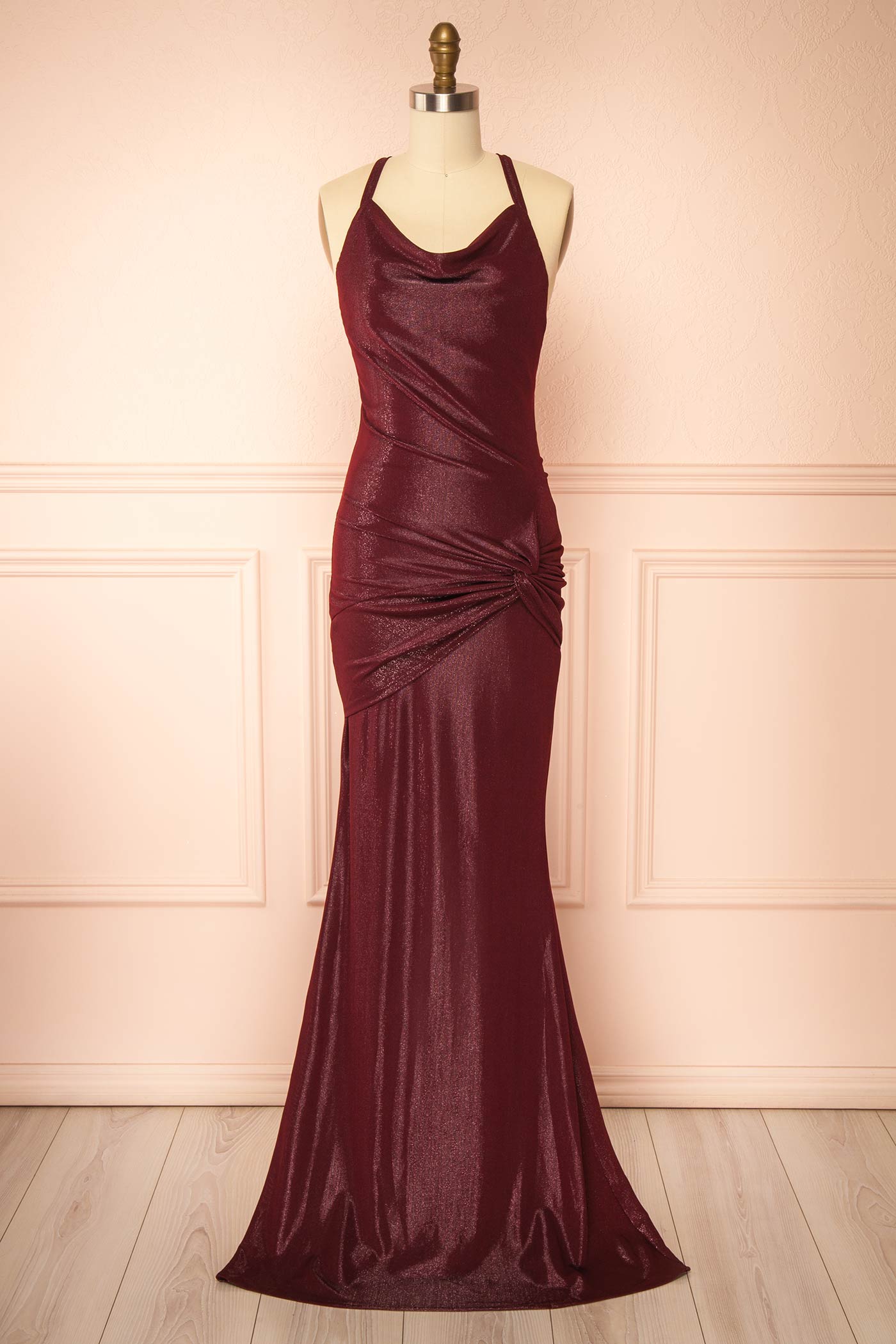 Siham Burgundy | Shimmering Maxi Dress with Open Back