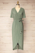 Sonipat | Green Plissé Flutter Sleeve Wrap Midi Dress with Belt