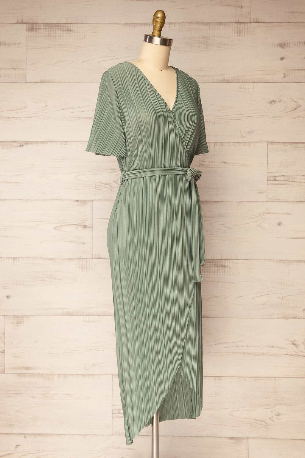 Sonipat | Green Plissé Flutter Sleeve Wrap Midi Dress with Belt