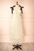 Takako | Long White Tulle Dress with Black Polka Dots