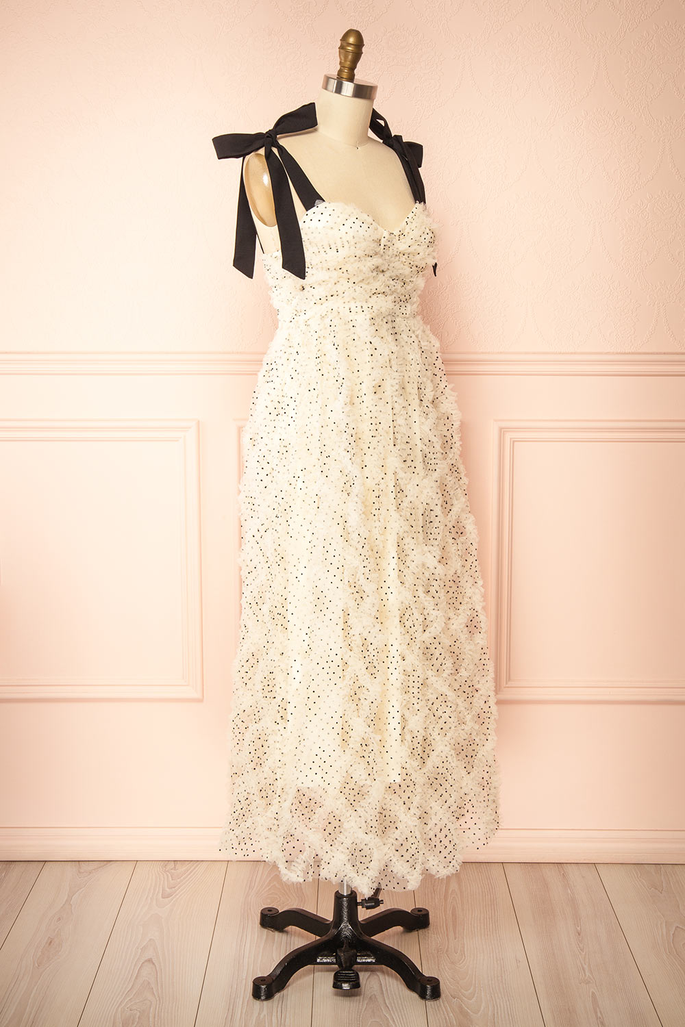 Takako | Long White Tulle Dress with Black Polka Dots