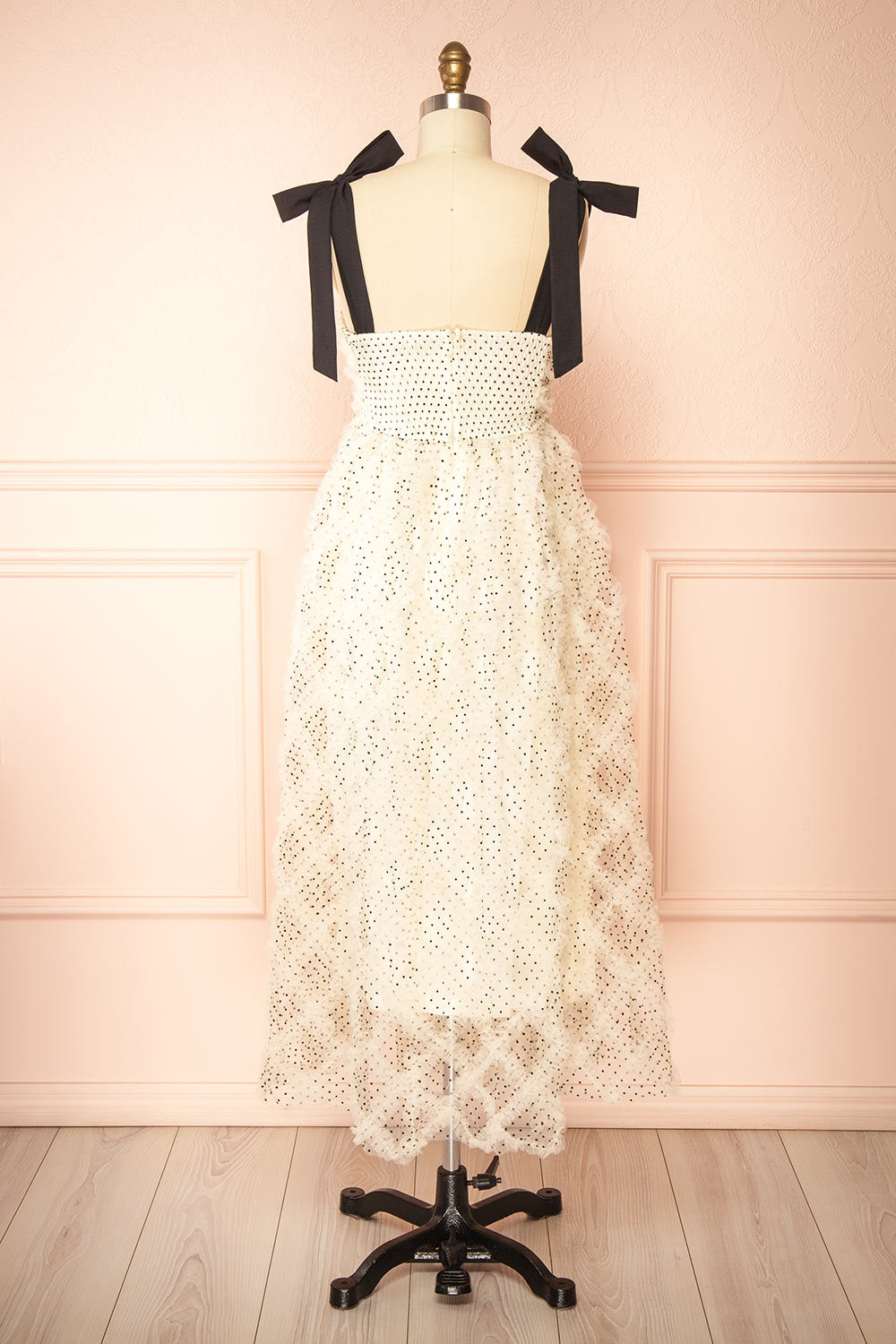 Takako | Long White Tulle Dress with Black Polka Dots