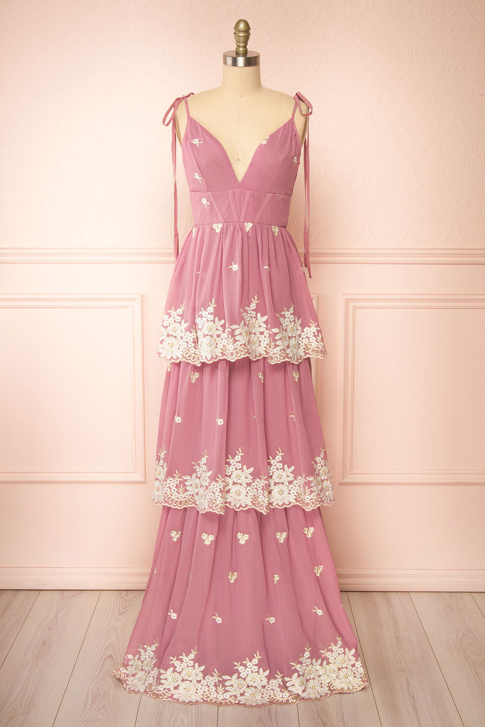 Taliana Mauve | Chiffon Maxi Dress w/ Floral Embroidery