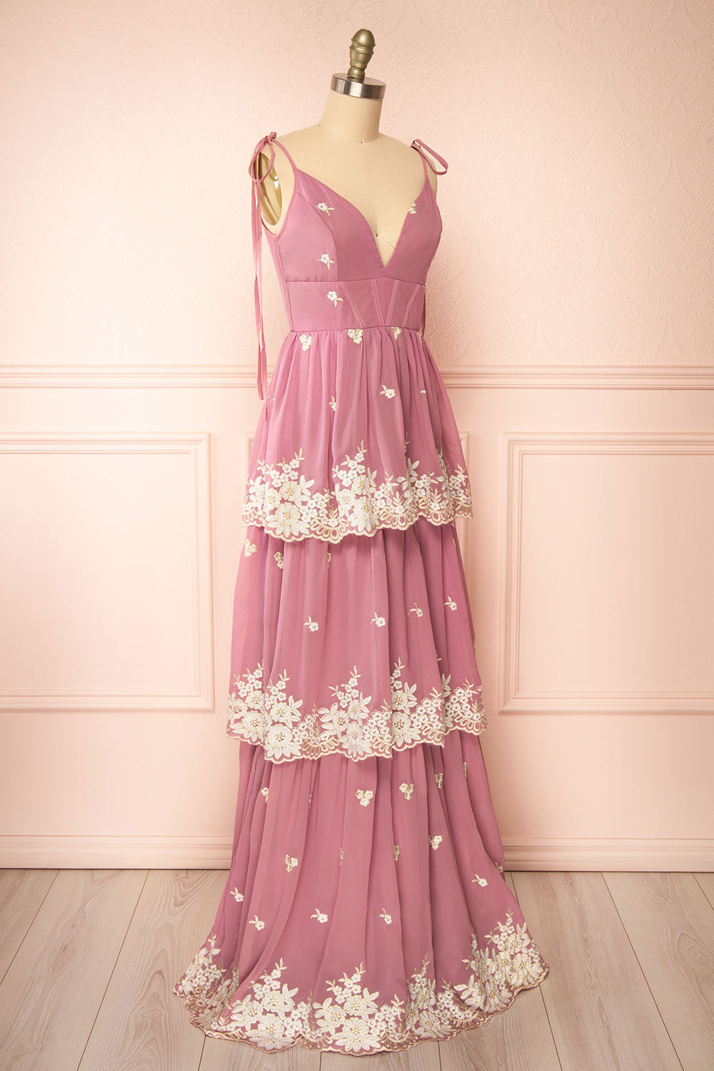 Taliana Mauve | Chiffon Maxi Dress w/ Floral Embroidery