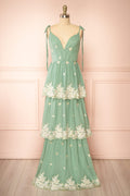 Taliana Sage | Chiffon Maxi Dress w/ Floral Embroidery