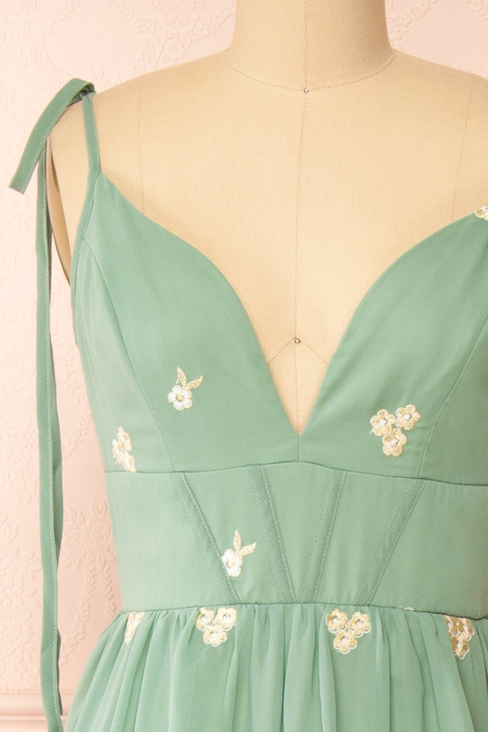 Taliana Sage | Chiffon Maxi Dress w/ Floral Embroidery