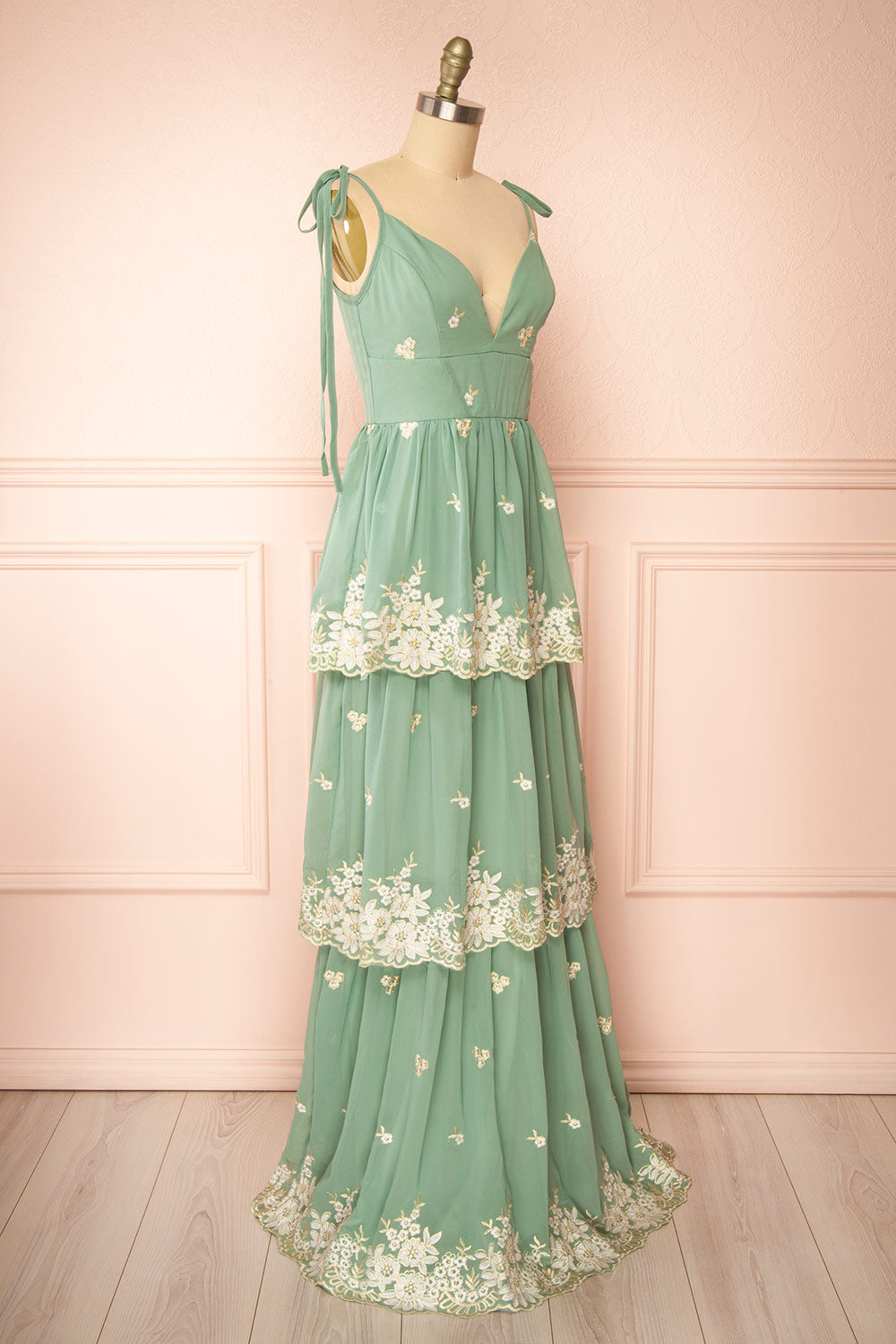 Taliana Sage | Chiffon Maxi Dress w/ Floral Embroidery