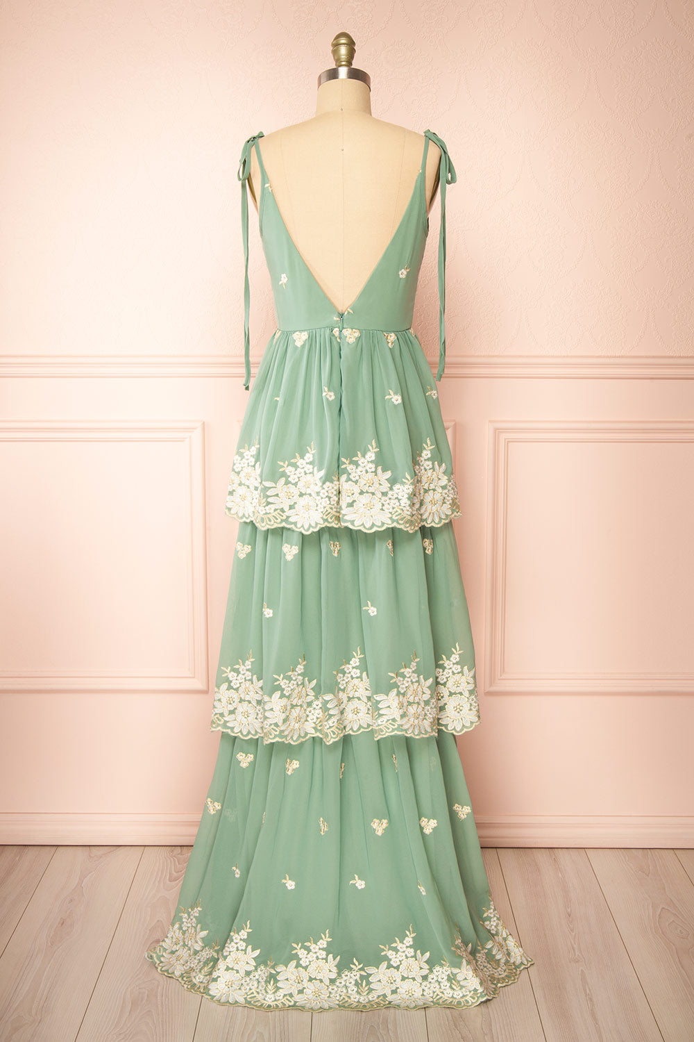 Taliana Sage | Chiffon Maxi Dress w/ Floral Embroidery
