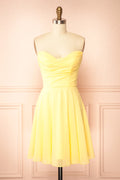 Tamy Light Yellow | Short Chiffon Dress with Sweetheart Neckline