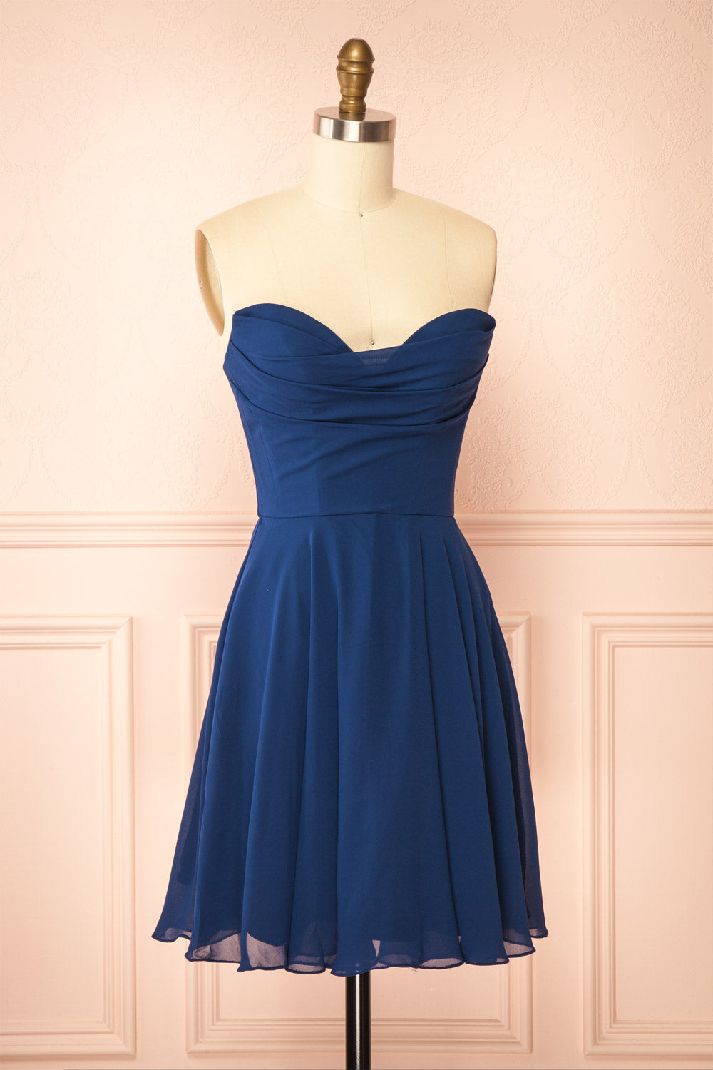 Tamy Navy | Short Chiffon Dress with Sweetheart Neckline