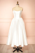 Thalania | Long White Satin Dress with Fitted Bodice and Pockets