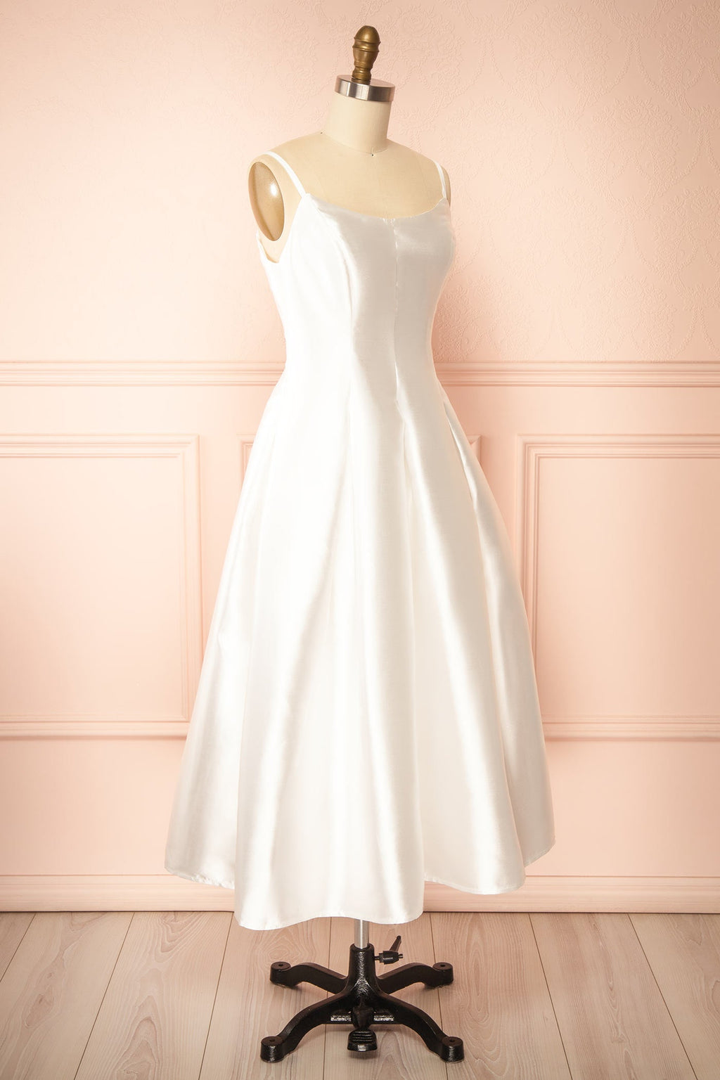 Thalix Ivory | Satin Midi Dress with Pockets and Open Back