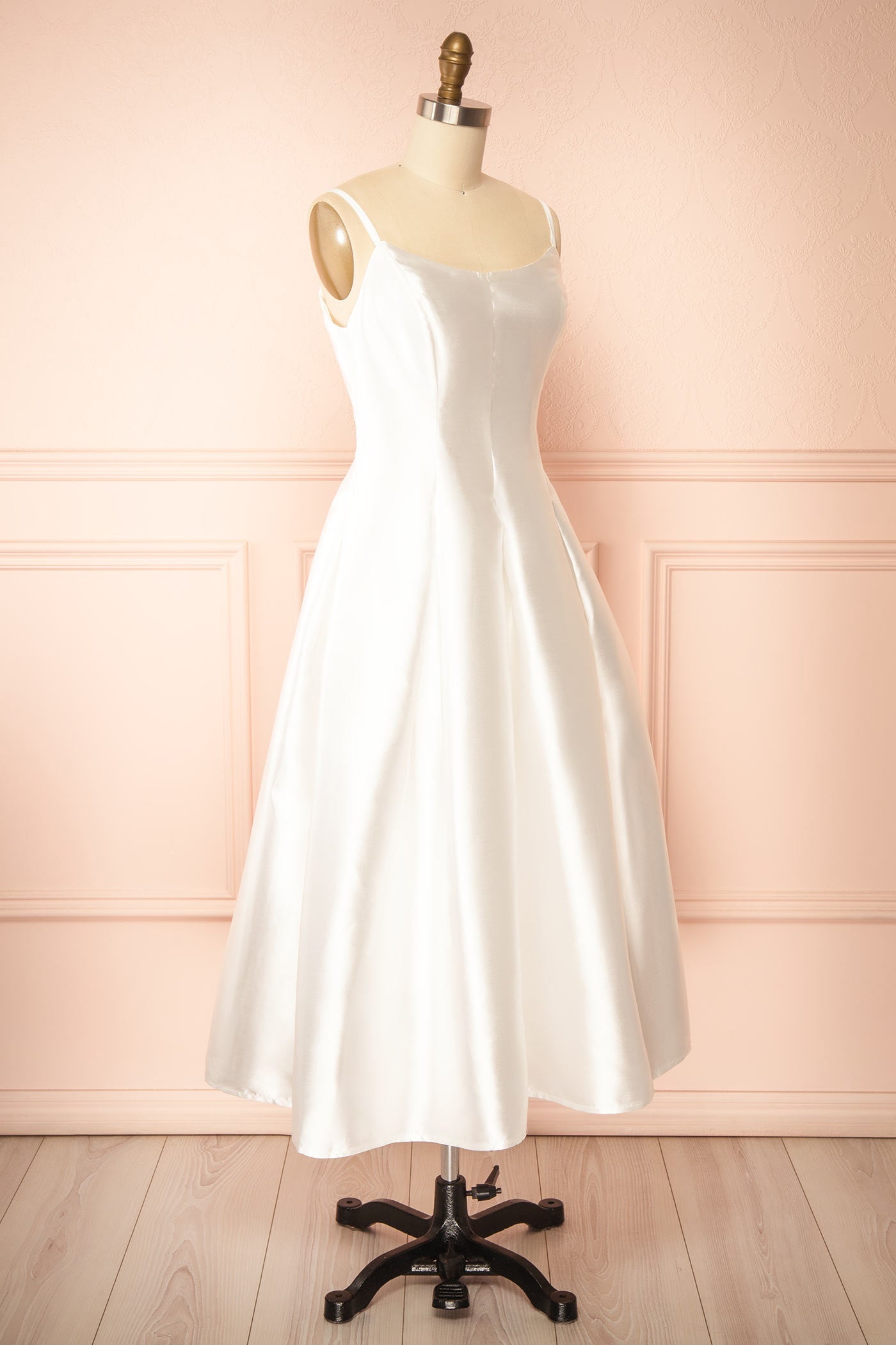 Thalix Ivory | Satin Midi Dress with Pockets and Open Back