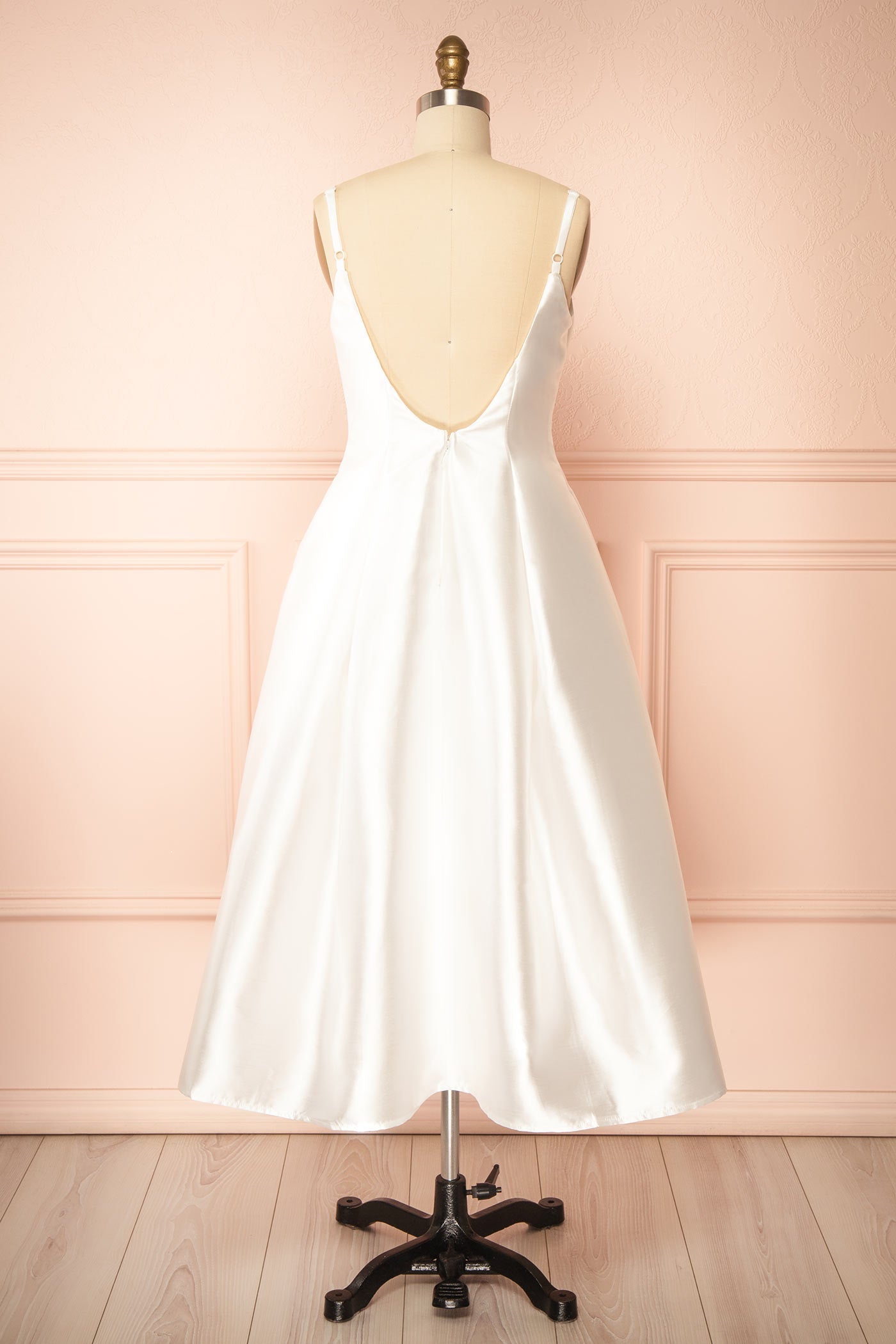 Thalix Ivory | Satin Midi Dress with Pockets and Open Back