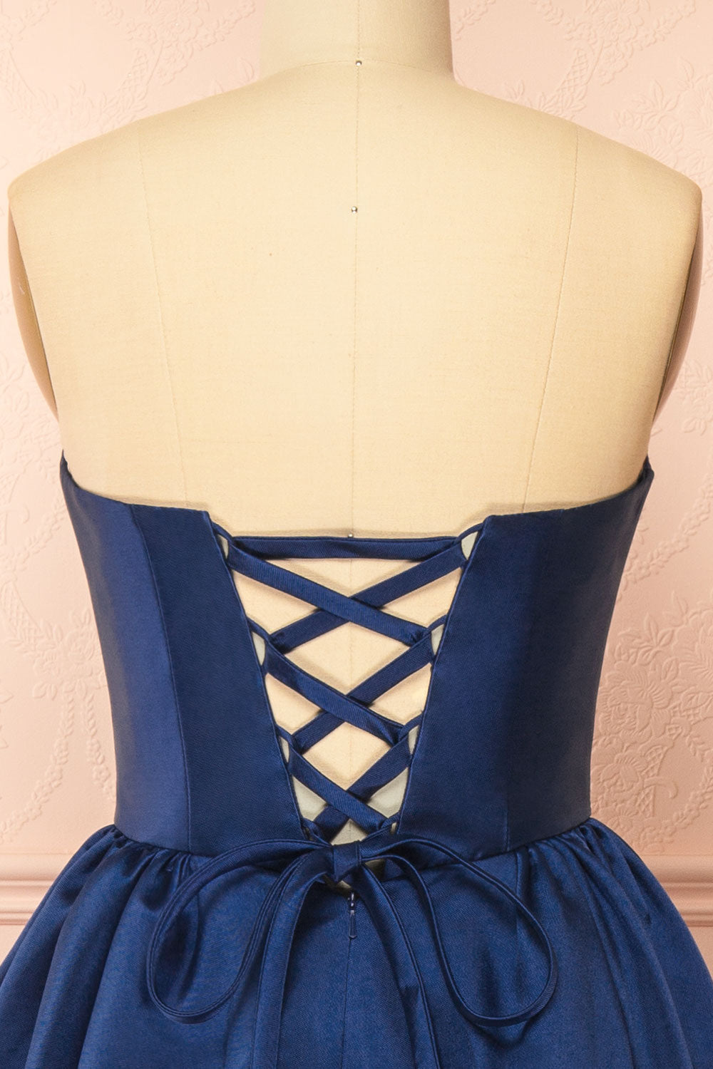 Thalya Navy | Long Satin Dress with Fitted Bodice and Pockets