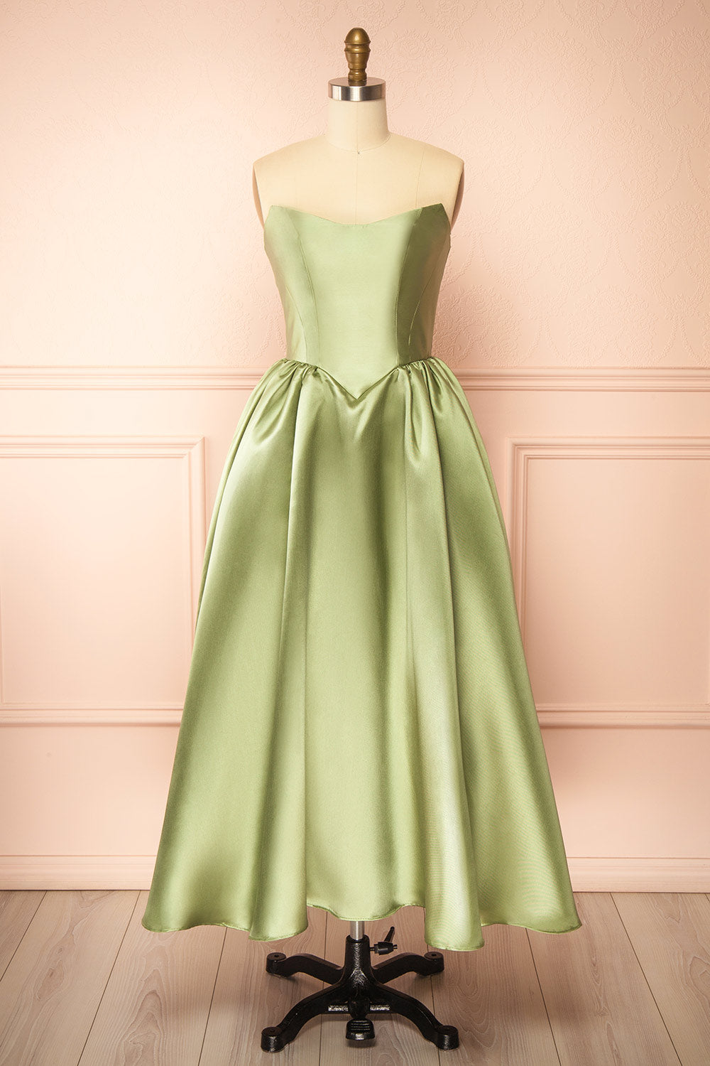 Thalya Sage | Long Satin Dress with Fitted Bodice and Pockets