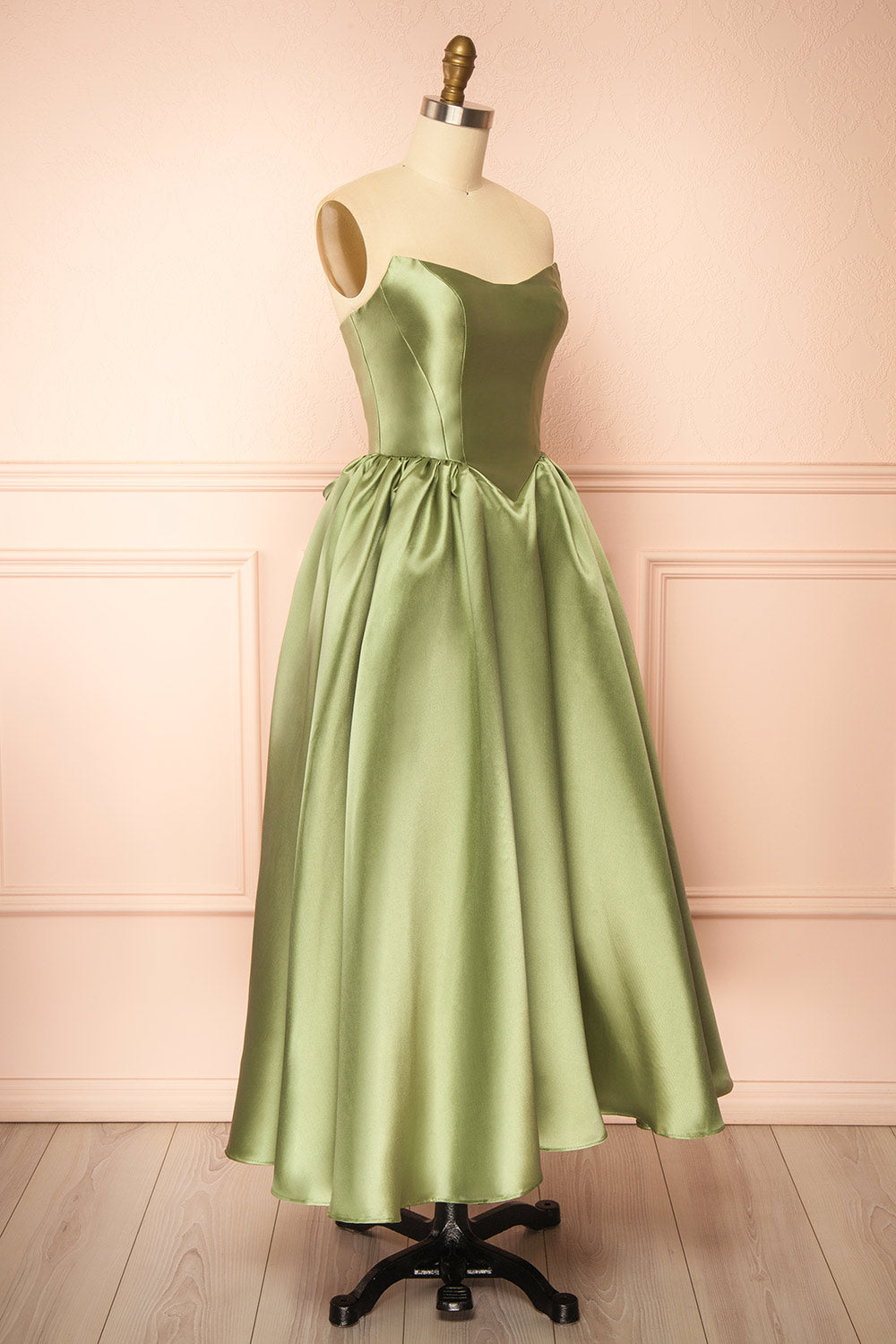 Thalya Sage | Long Satin Dress with Fitted Bodice and Pockets