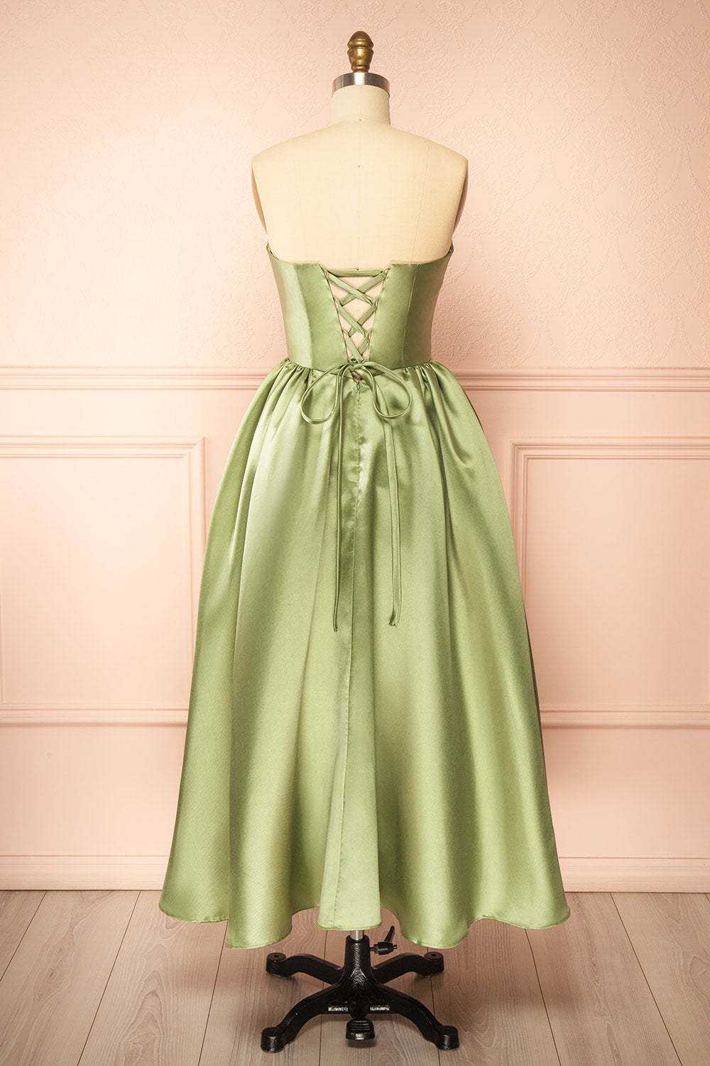 Thalya Sage | Long Satin Dress with Fitted Bodice and Pockets