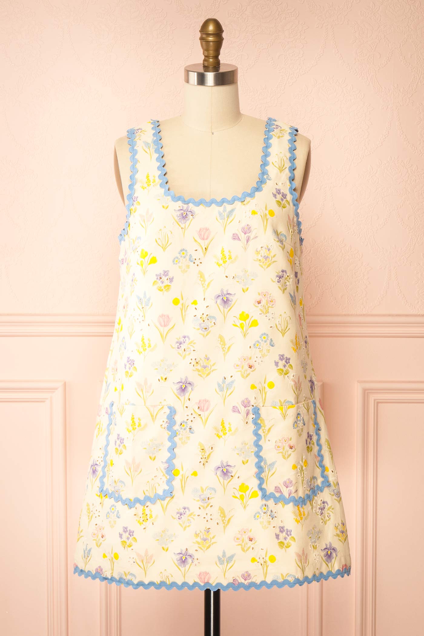 Thessalia | Beige Floral Short Dress with Pockets