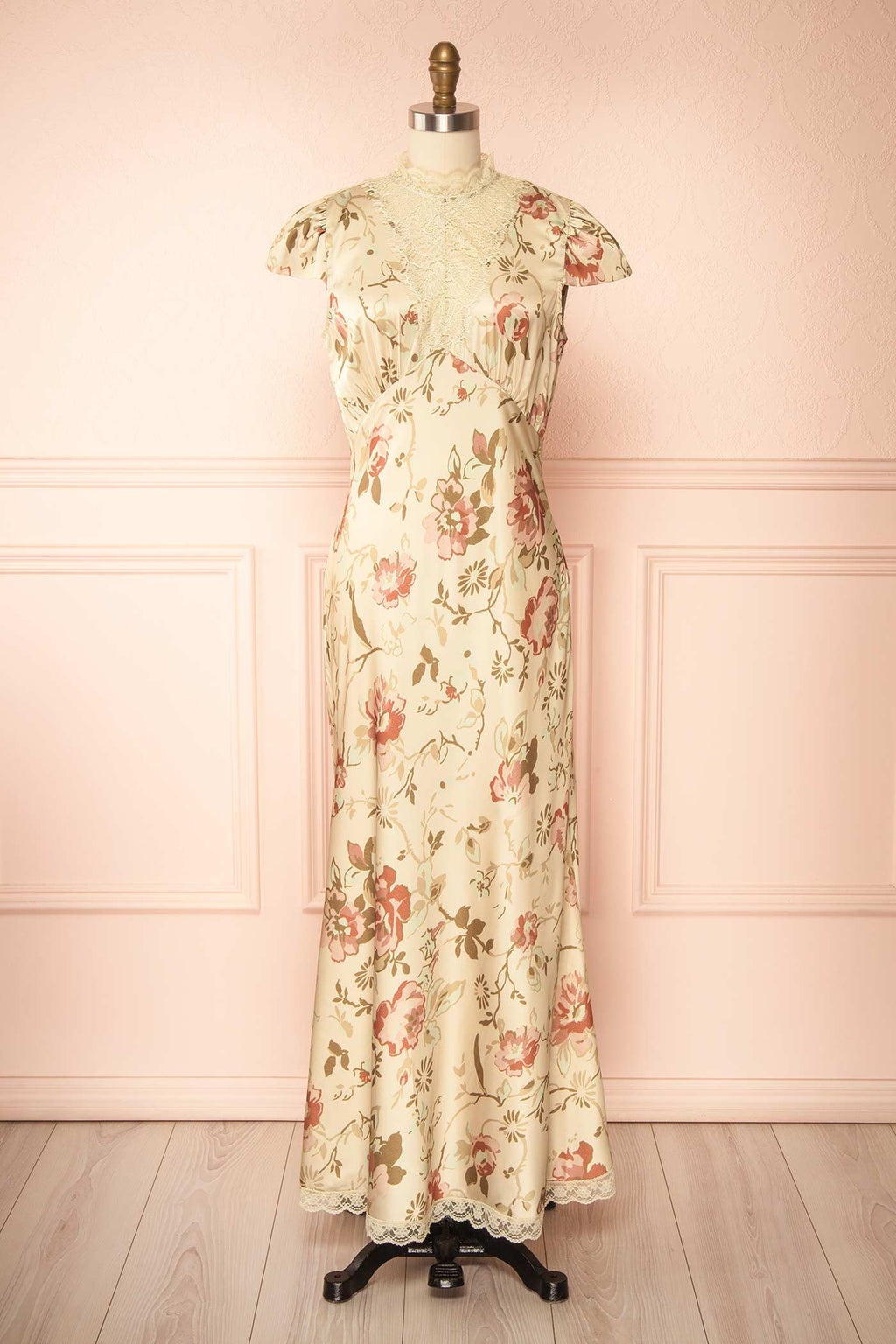 Tieran | Sage Floral Satin Maxi Dress with Lace